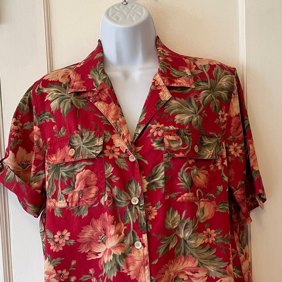 LRL Linen Floral Button Down Camp Shirt Women’s Medium Cottagecore Red Green - Picture 4 of 16